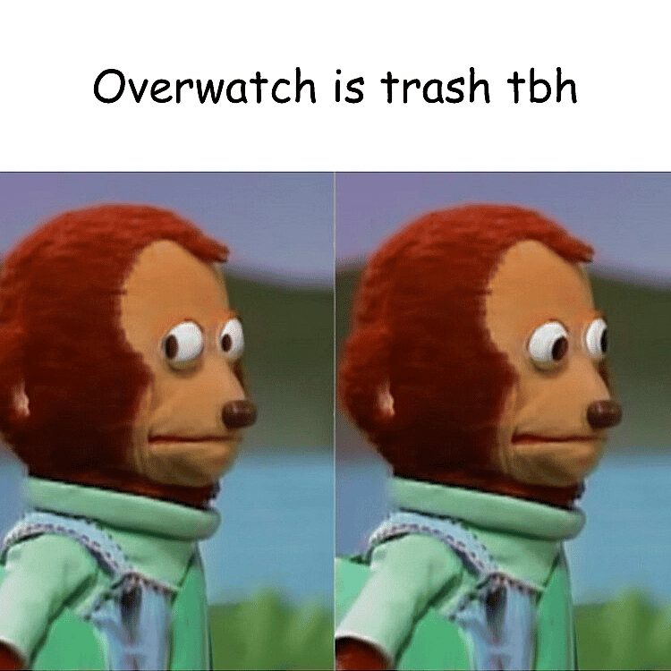 Monkey giving side-eye to "Overwatch is trash tbh" caption