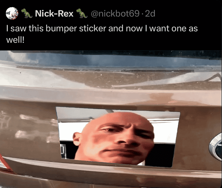 A twitter post about a bumper sticker with Rock's face on it