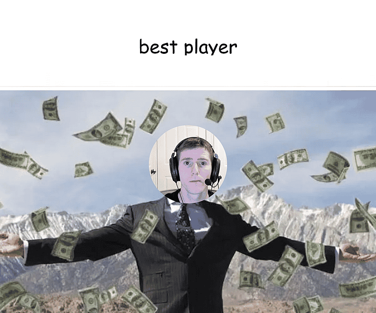 Tony Stark scene with cluster bombs test, but Linus Tech Tips face is overlayed with 'best player' caption
