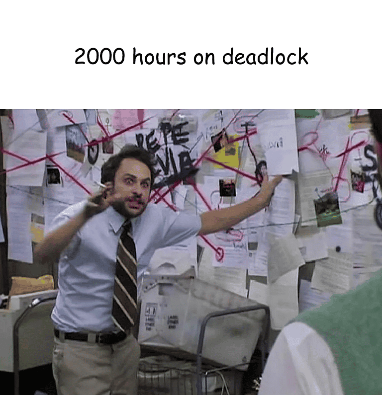 Office scene with a man trying to explain something really hard and '2000 hours on deadlock' caption