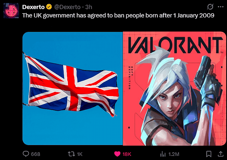 A twitter post saying that 'UK government has agreed to ban people born after 2009' that has a Valorant logo attached